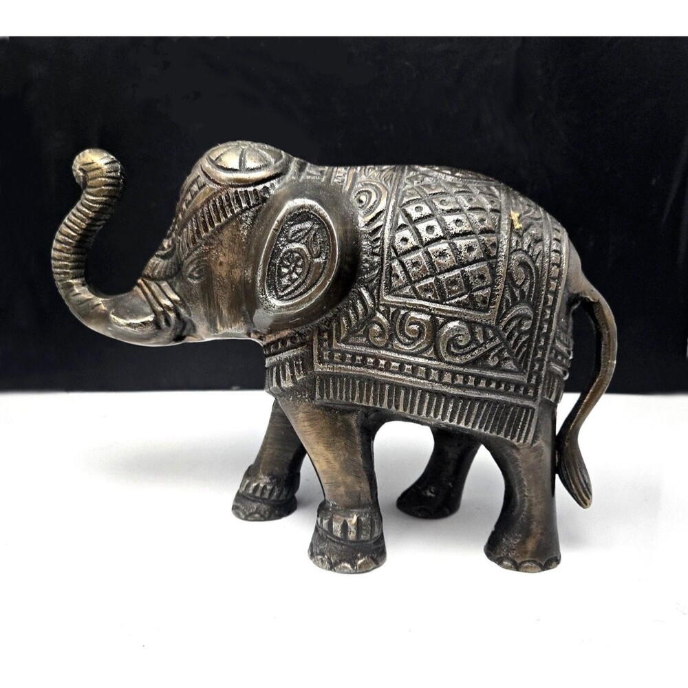 Brass Bronze Metal Elephant Sculpture Statue Ornate Blanket Headdress Trunk Up
